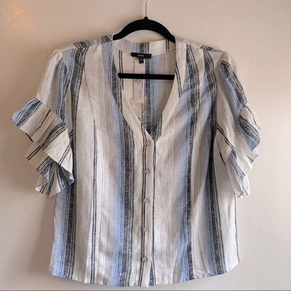 Anthropologie DREW Linen Button Up Ruffle Top NWT Size: Small